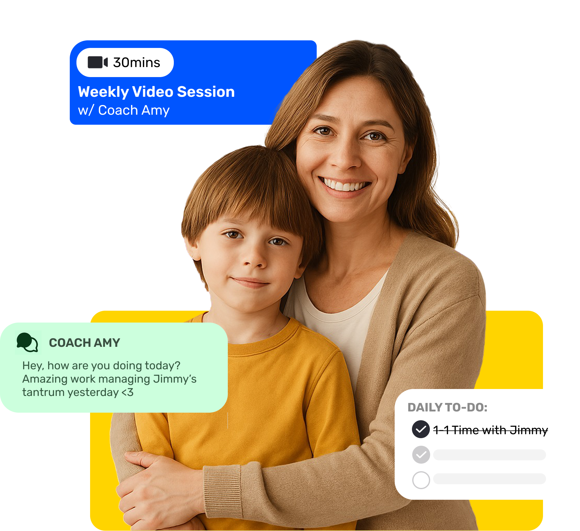 Mother and child with coaching app interface